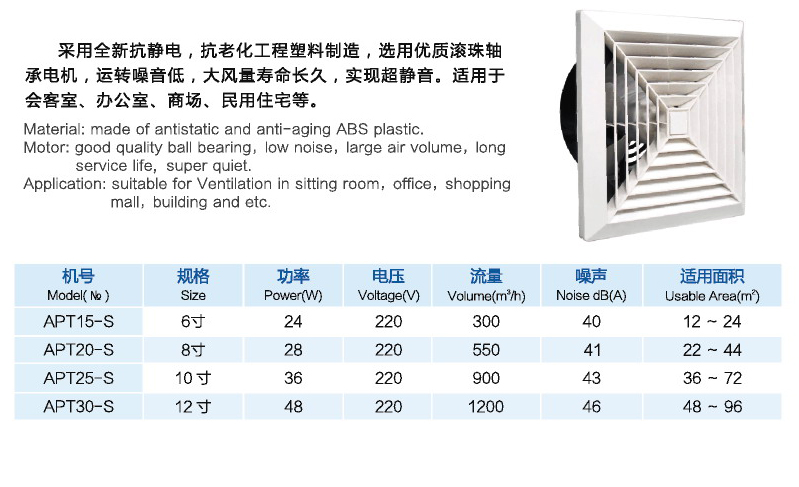 APT系列全塑天花板式換氣扇